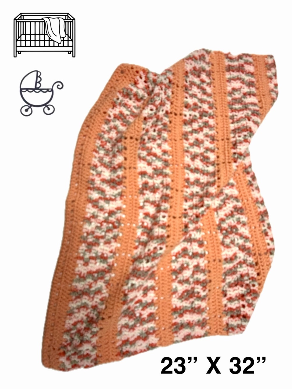 Handmade Peach White Grey unisex Crochet Baby Blanket - Cozy Nursery Throw